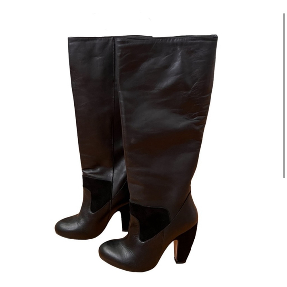 Topshop Black Leather and Suede Ballure Knee High Heeled Boots - Picture 2 of 8
